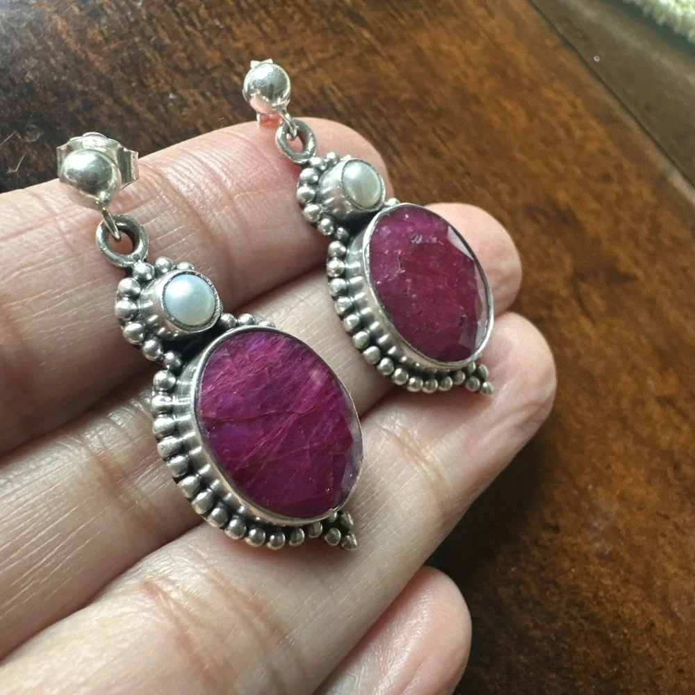 Vintage Artisan Stud Dangle Earrings 1.3 Inch Ruby Pearl 925 Sterling 10.4g‎